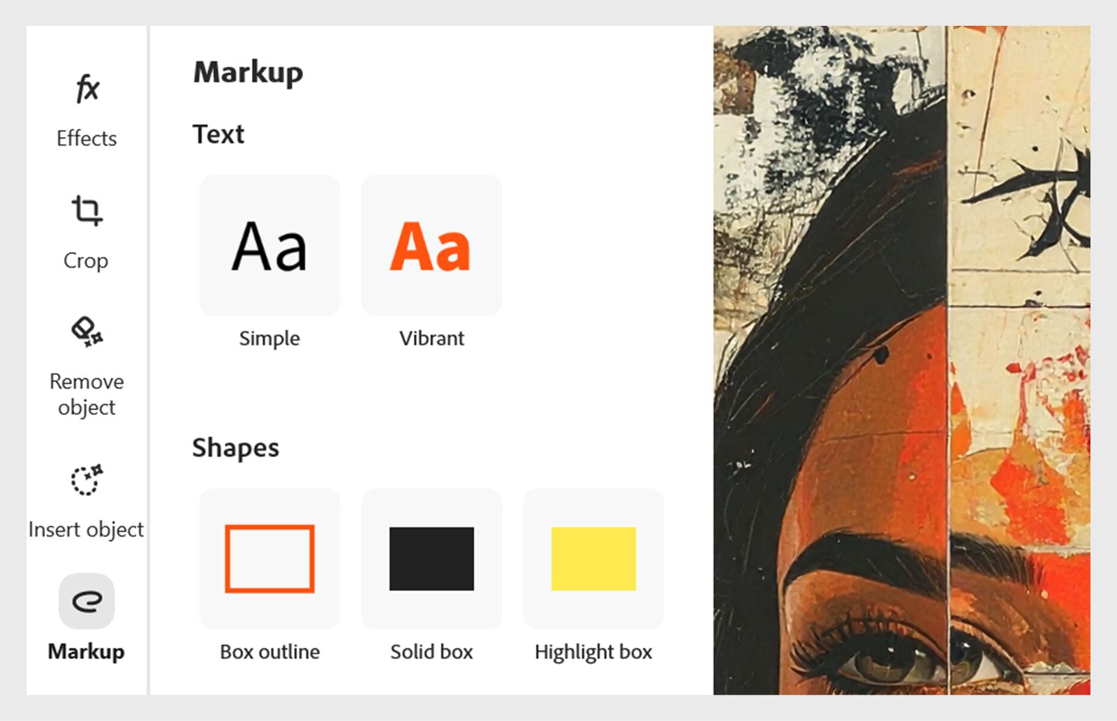 Bilden visar avsnittet Markering med avsnittet Text och former. Avsnittet Text innehåller två textformat som du kan lägga till i bilden: Enkel och Livfull. 