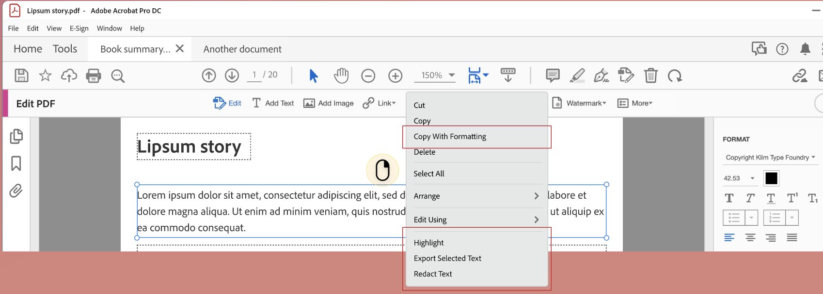 Opções do menu de contexto para a seleção de caixa de texto