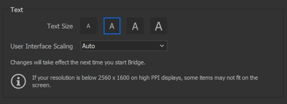 الخيار User Interface Scaling في Bridge Preferences