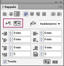InDesignin Kappale-paneeli, jossa näkyy kappaleen suunnan säätimet korostettuina vasemmalta oikealle ja oikealta vasemmalle kirjoitettua tekstiä varten.