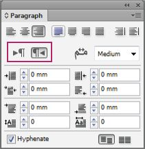 הלוח Paragraph ב-InDesign מציג את הבקרים לכיוון הפסקה שמודגשים עבור טקסט בכיווניות משמאל לימין ומימין לשמאל.