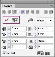 Avsnitt-panelet i InDesign viser kontroller for avsnittsretning uthevet for tekst fra venstre mot høyre og fra høyre mot venstre.