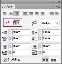 Panelet Afsnit i InDesign viser afsnitsretningskontroller fremhævet for tekst, der skrives fra venstre mod højre og fra højre mod venstre.
