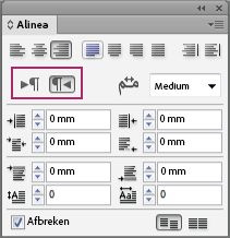 In het deelvenster Alinea van InDesign worden de besturingselementen voor de alinearichting gemarkeerd voor tekst van links naar rechts en tekst van rechts naar links.