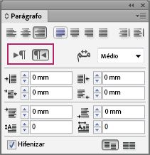 Painel Parágrafo do InDesign mostrando controles de direção de parágrafo realçados para texto da esquerda para a direita e da direita para a esquerda.