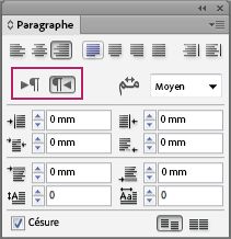 Panneau Paragraphe InDesign affichant les commandes de direction des paragraphes mis en surbrillance pour du texte de gauche à droite et de droite à gauche.