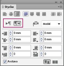 InDesign-panelen Stycke visar styckesriktningskontroller markerade för text från vänster till höger och text från höger till vänster.