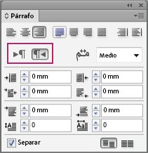 Panel Párrafo de InDesign que muestra los controles de dirección de párrafo resaltados para texto de izquierda a derecha y de derecha a izquierda.