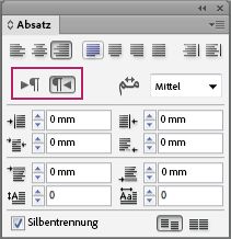 InDesign Absatzbedienfeld zeigt Absatzrichtungssteuerelemente für Text von links nach rechts und von rechts nach links hervorgehoben.
