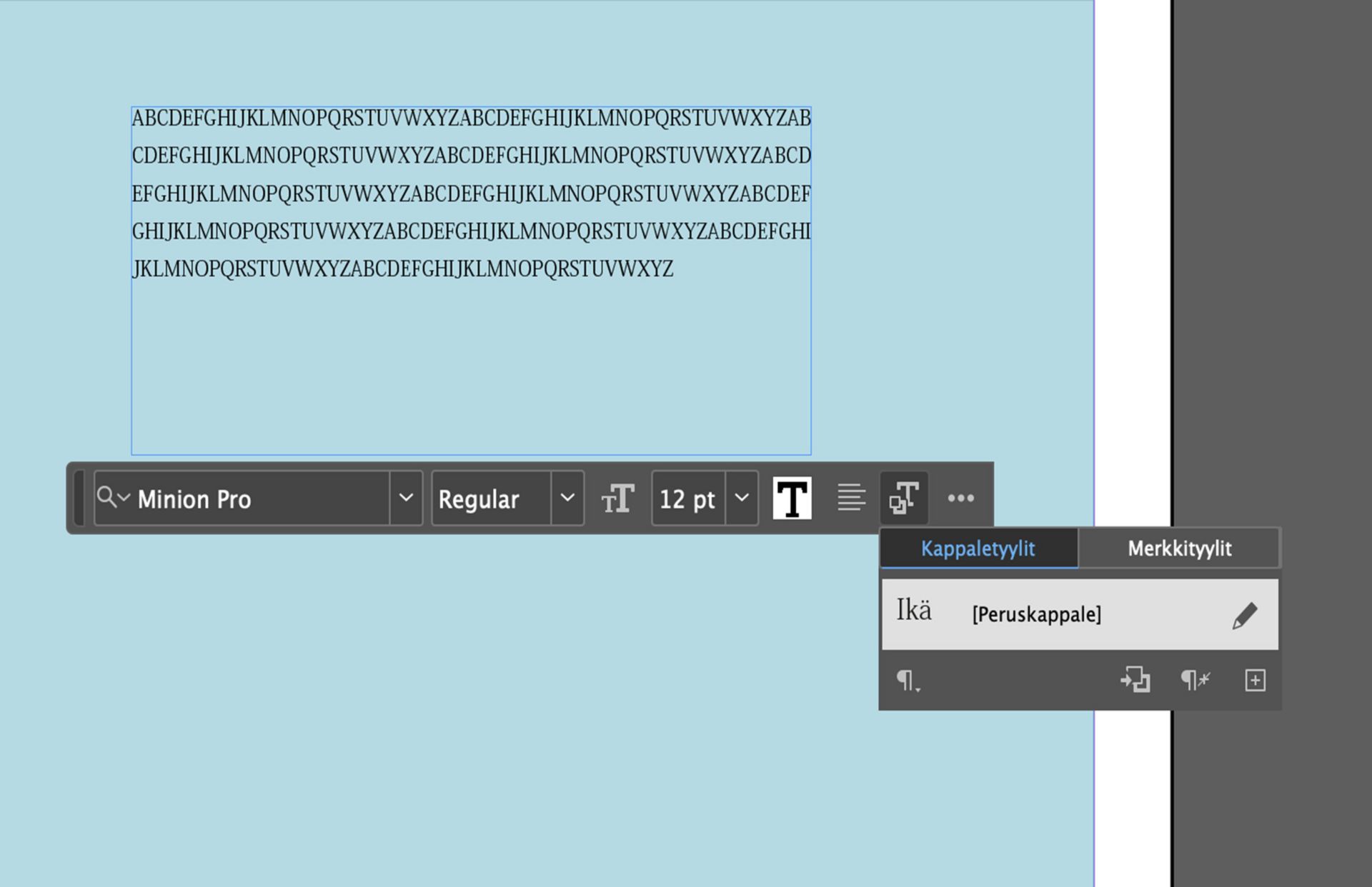 Näyttökuva tekstiasetuksista, jotka ovat käytettävissä sen jälkeen, kun olet valinnut tekstityökalun kontekstuaalisesta tehtäväpalkista.