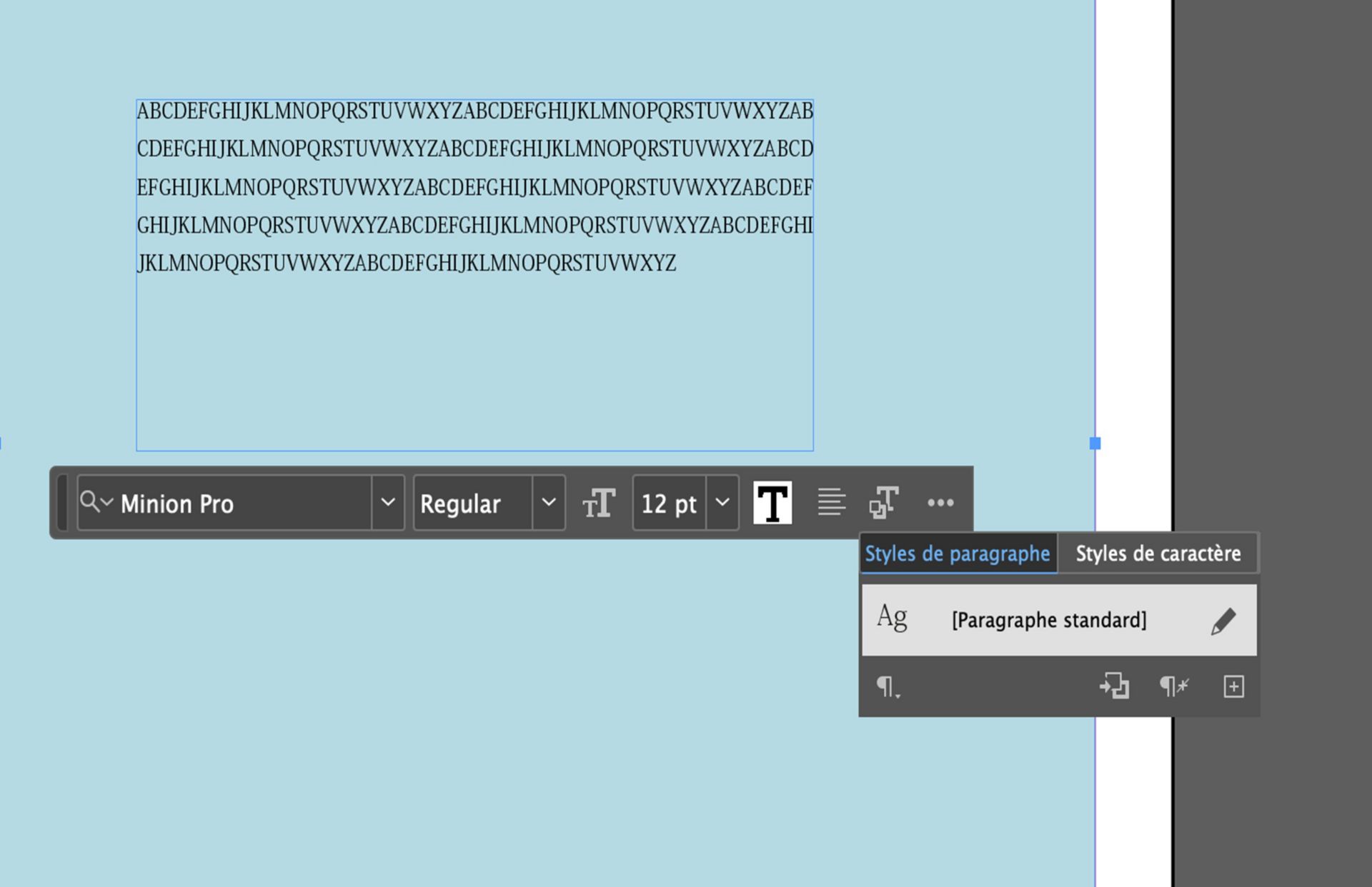Capture d’écran des options Texte disponibles après la sélection de l’outil Texte dans la Barre des tâches contextuelle.