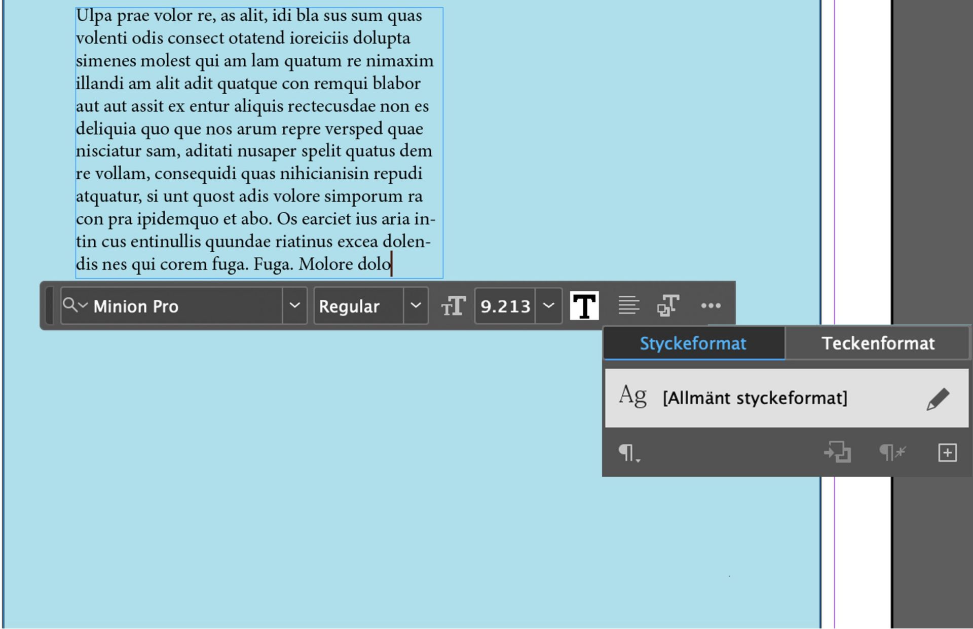 En skärmdump av textalternativen som är tillgängliga efter att ha du har valt textverktyget i det kontextuella aktivitetsfältet.