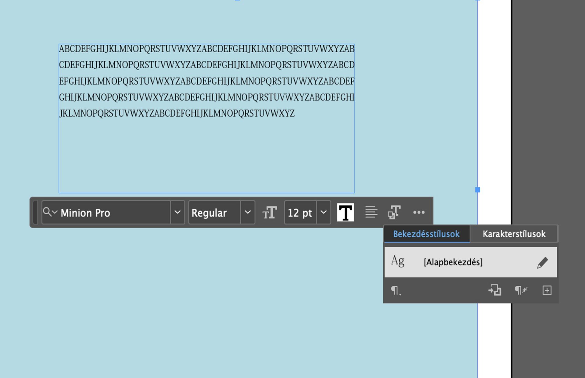 Képernyőkép a Környezetfüggő feladatsávon a Szöveg eszköz kiválasztása után elérhető Szöveg beállításokról.
