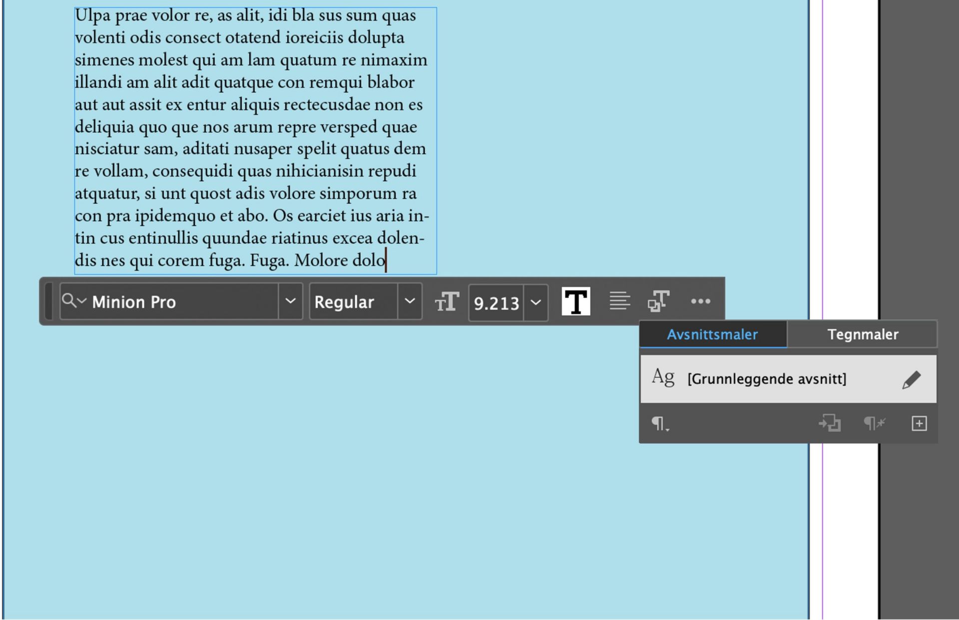 Et skjermbilde av tekstvalgene som er tilgjengelige etter at du har valgt typeverktøyet i den kontekstavhengige oppgavelinjen.