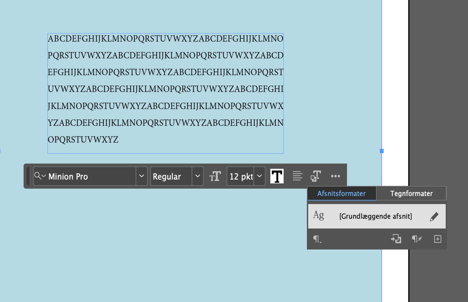 Et skærmbillede af de tilgængelige tekstindstillinger efter valg af tekstværktøjet på den kontekstafhængige proceslinje.