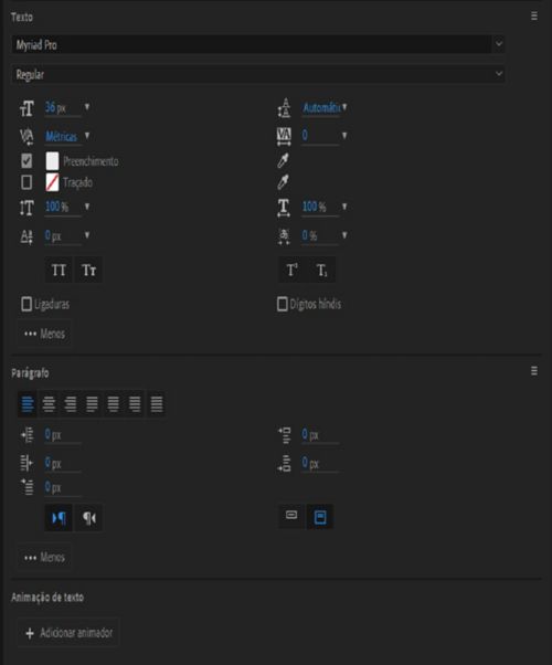 Opções de texto, parágrafo e animação de texto no painel Propriedades.
