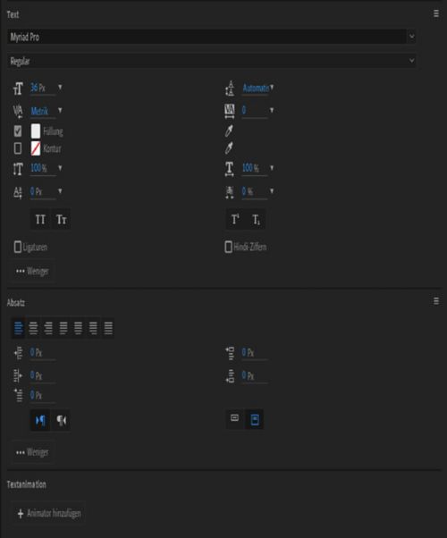 Optionen für Text, Absatz und Textanimation im Eigenschaften-Bedienfeld.