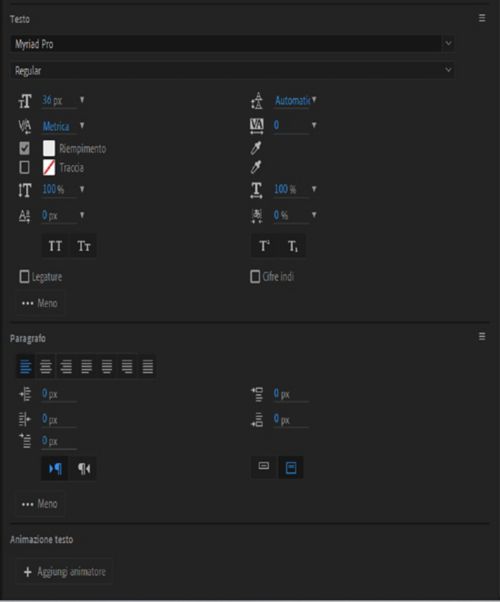 Opzioni di animazione testo, testo e paragrafo nel pannello Proprietà.