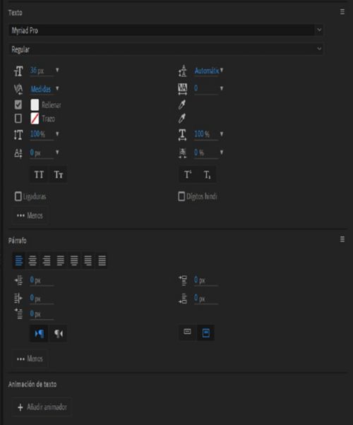 Opciones de animación de texto, párrafo y texto en el panel Propiedades.