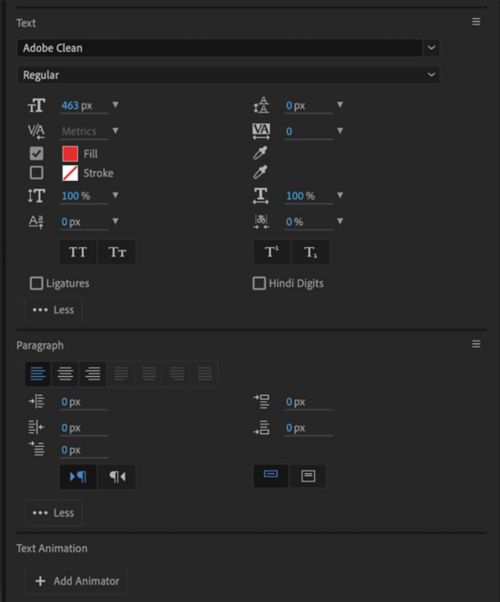Text, Paragraph, and Text Animation options in the Properties panel.