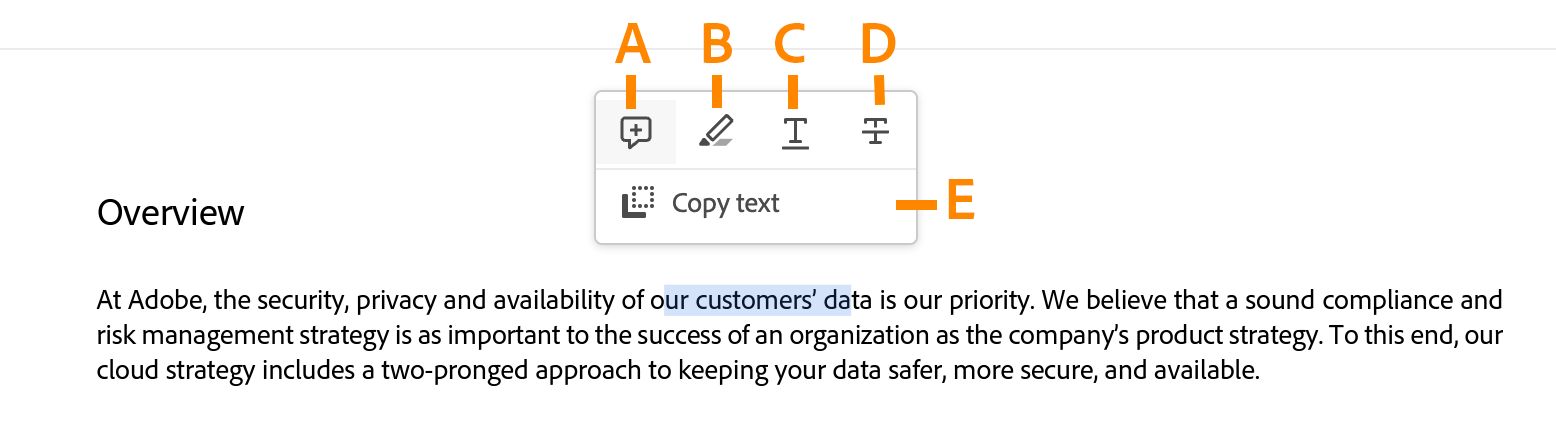 Herramientas adicionales al seleccionar texto en un archivo PDF