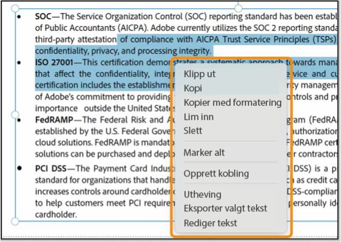 Kontekstmenyalternativ for tekstvalg
