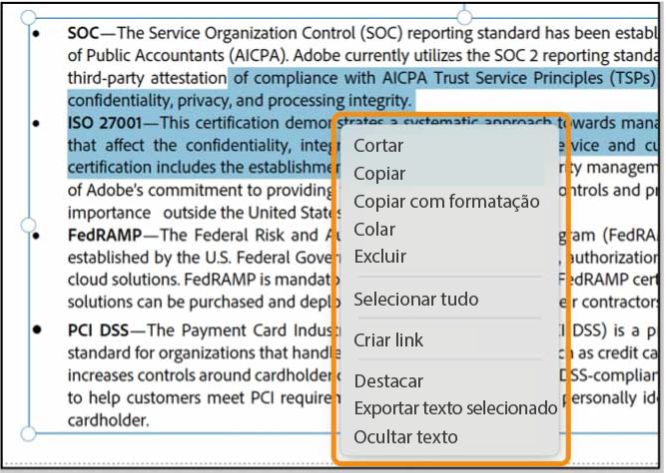 Opção do menu de contexto de seleção de texto