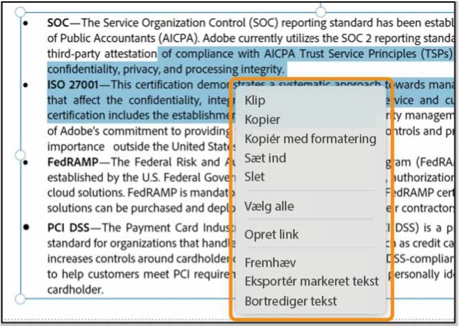 Genvejsmenuindstilling for tekstmarkering