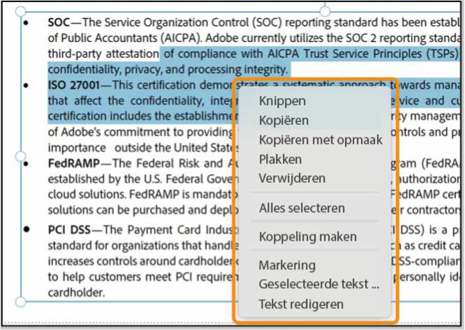 Contextmenu-optie voor tekstselectie