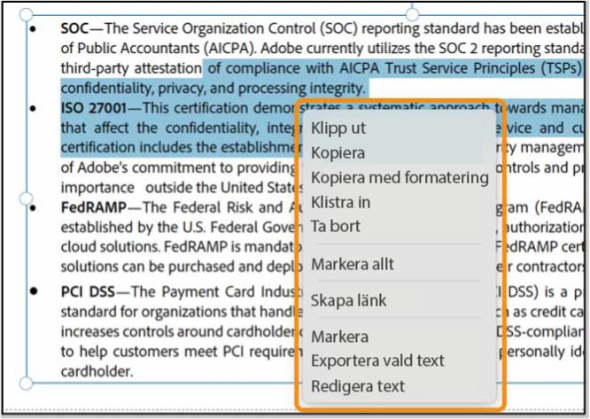 Alternativ i kontextmenyn för markerad text