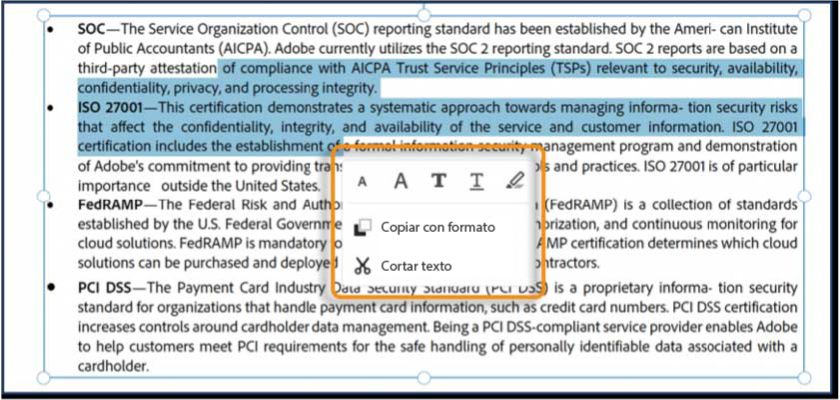Opciones del menú contextual para la selección de texto