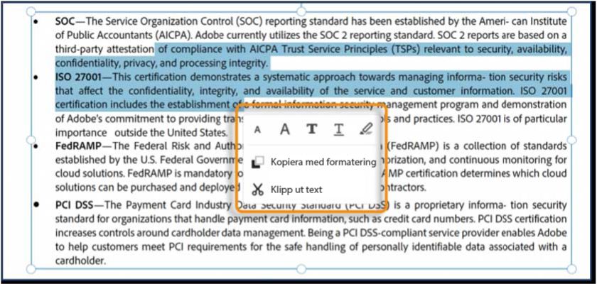 Sammanhangsberoende menyalternativ för markerad text