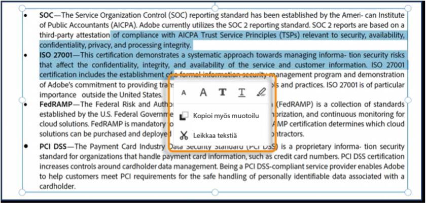 Tekstin valinnan pikavalikon asetukset
