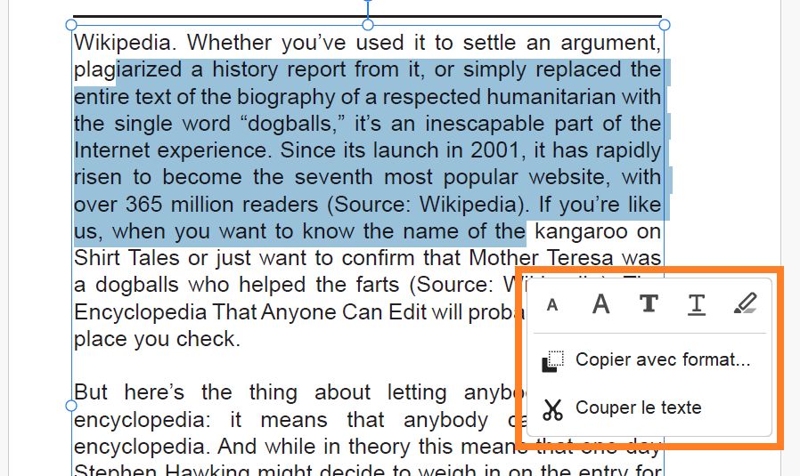 Options de sélection de texte