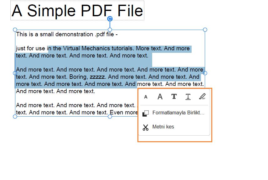Metin seçimi seçenekleri