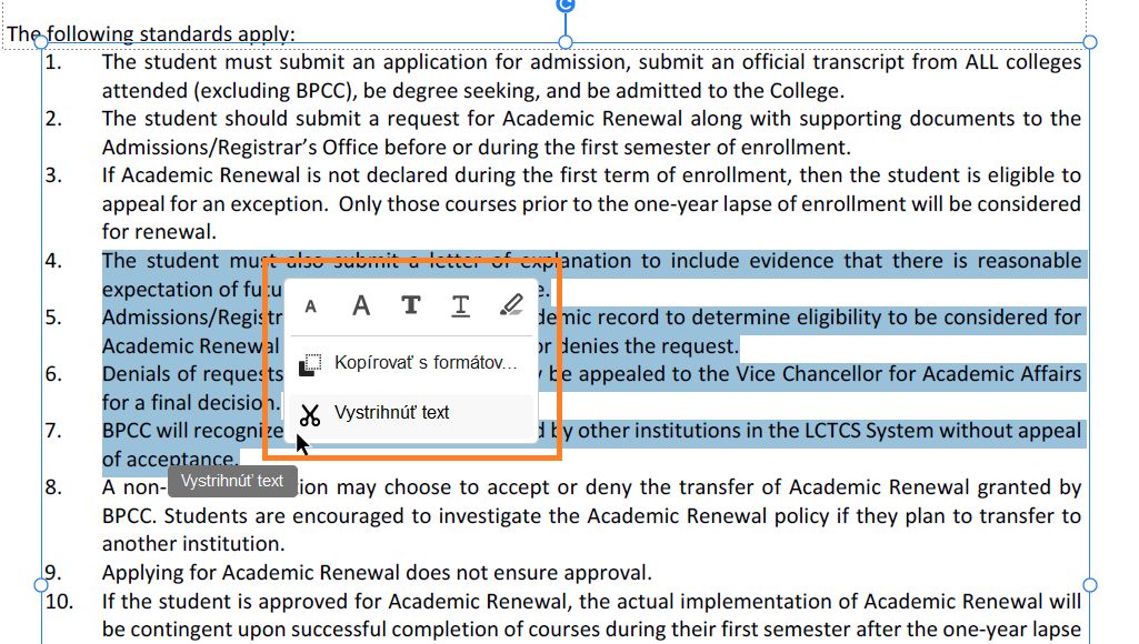 Možnosti na výber textu