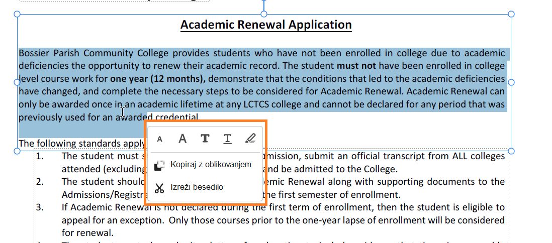 Možnosti za izbiro besedila