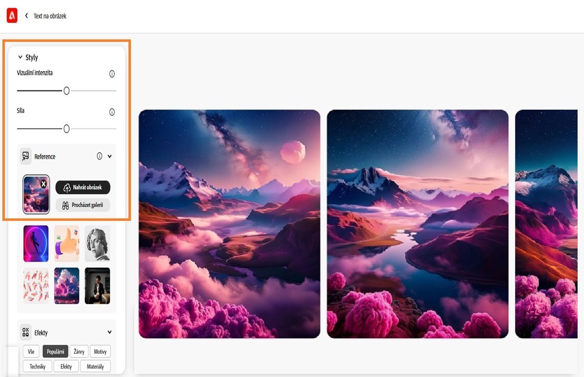 Ukázka toho, jak můžete pomocí funkce Reference použít textová zadání spolu s referenčními obrázky ke generování variací.