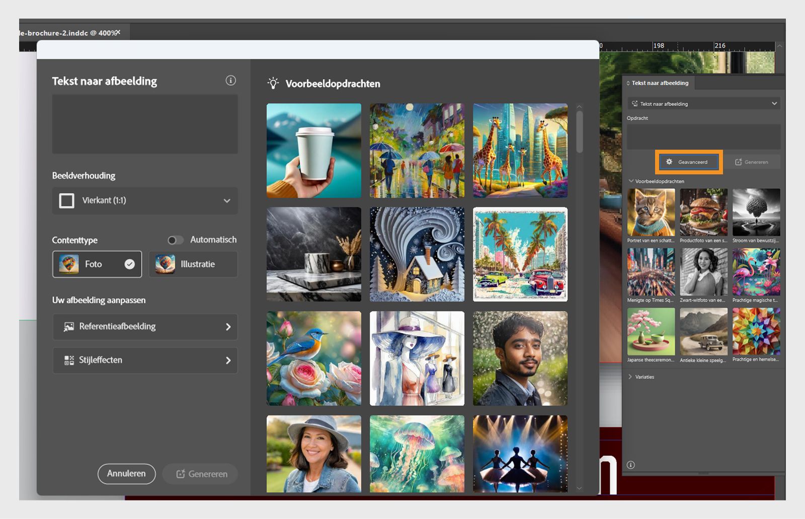 Screenshot van de deelvensters Tekst naar afbeelding (basis) en Geavanceerd, waarbij de knop Geavanceerd in het basisvenster is gemarkeerd.