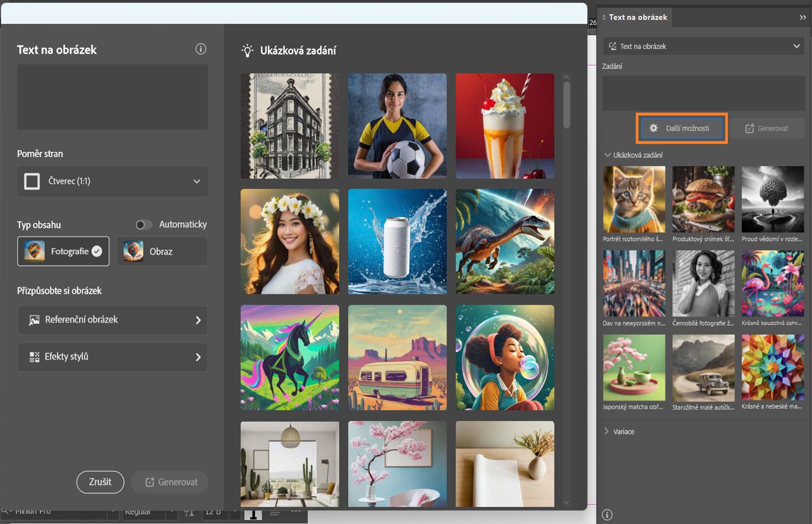 Snímek obrazovky základního panelu a panelu Další možnosti funkce Text na obrázek se zvýrazněným tlačítkem Další možnosti na základním panelu.
