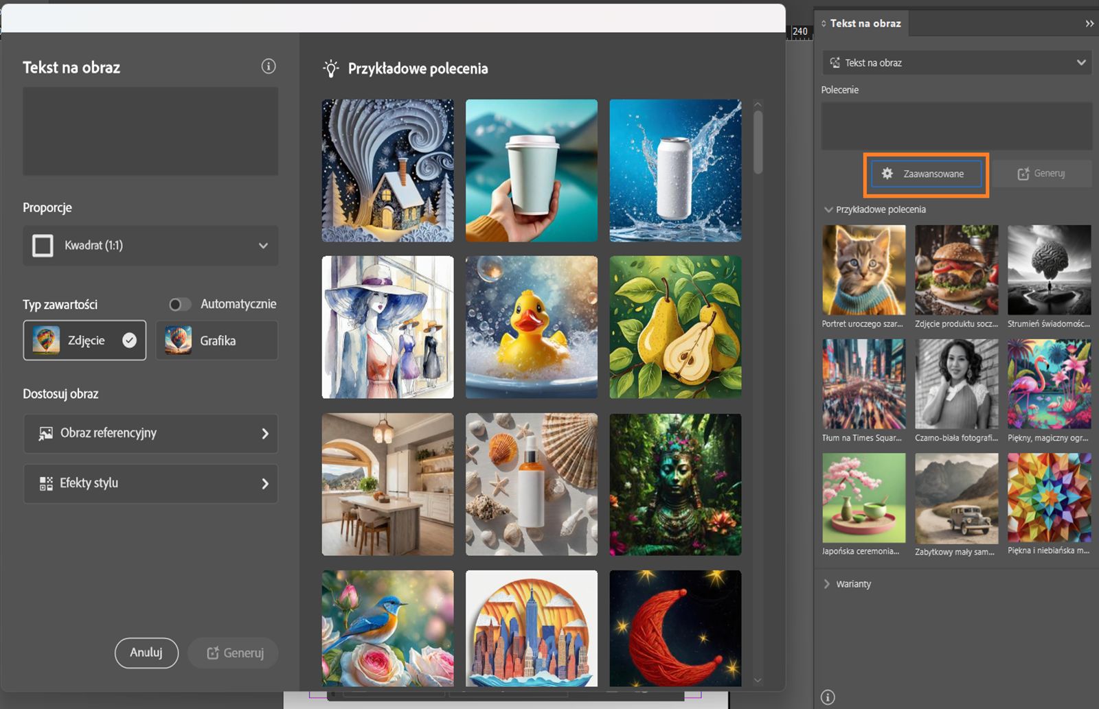 Zrzut ekranu z panelu podstawowego i zaawansowanego funkcji Tekst na obraz z przyciskiem Zaawansowane na podświetlonym panelu podstawowym.
