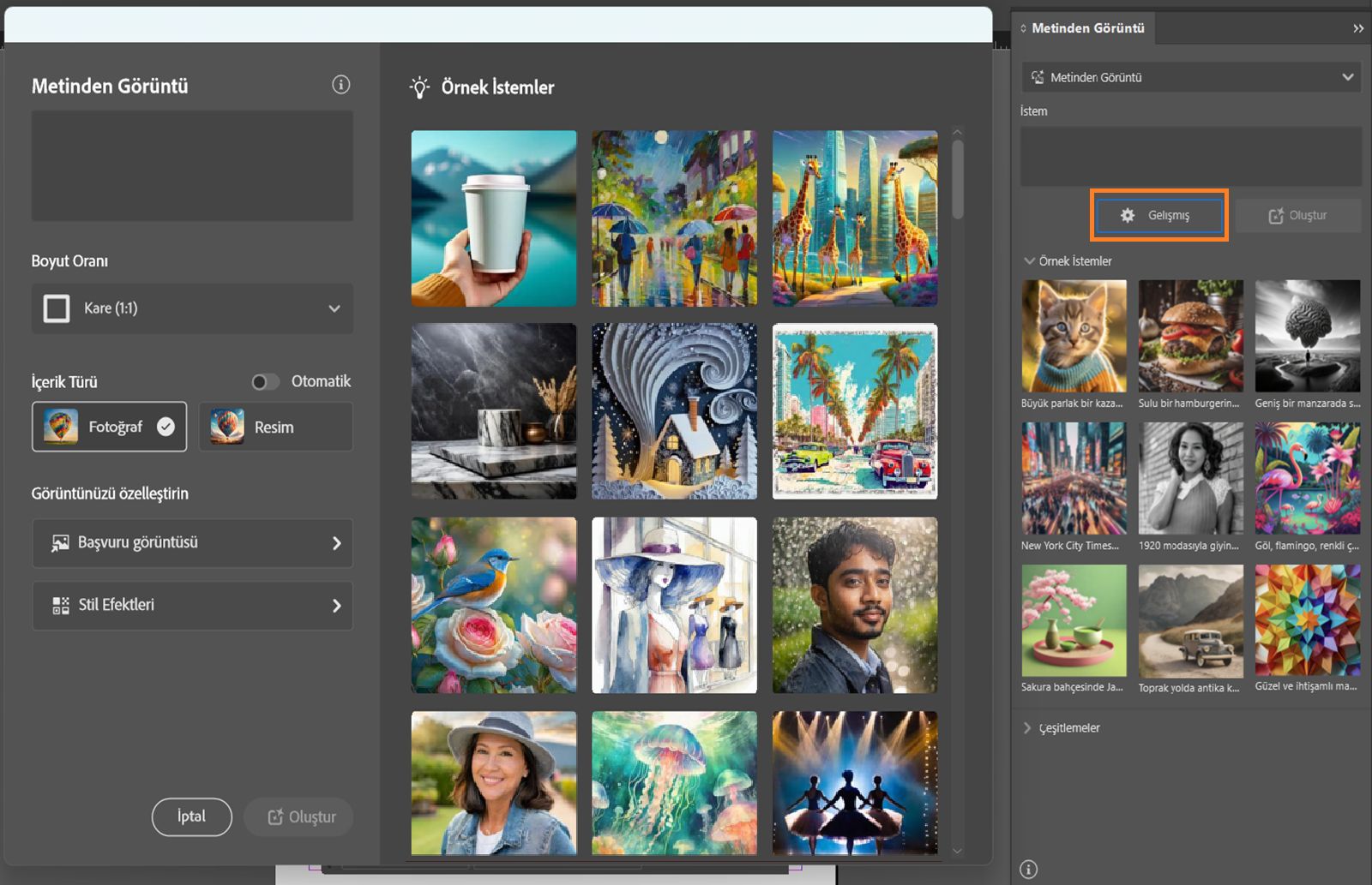 Temel panelde Gelişmiş düğmesi vurgulanmış olarak Metinden Görüntü temel ve Gelişmiş panellerinin ekran görüntüsü.