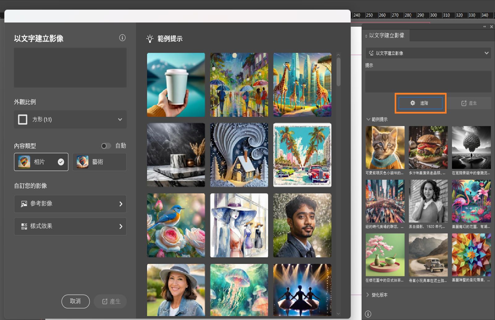 「以文字建立影像」基本和「進階」面板的螢幕擷圖，其中強調顯示「進階」按鈕和基本面板。