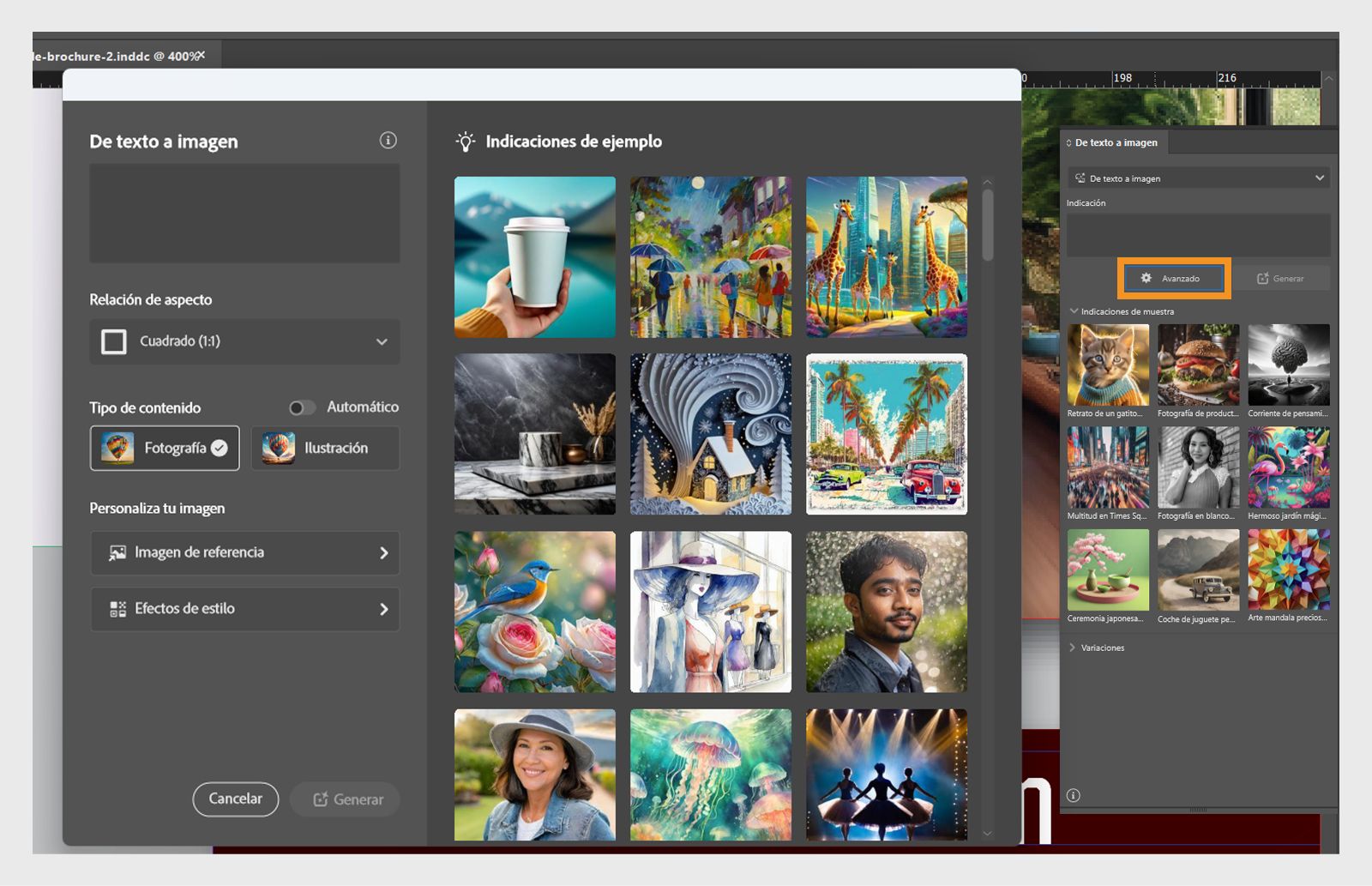 Captura de pantalla de los paneles básico y Avanzado de De texto a imagen con el botón Avanzado del panel básico resaltado.