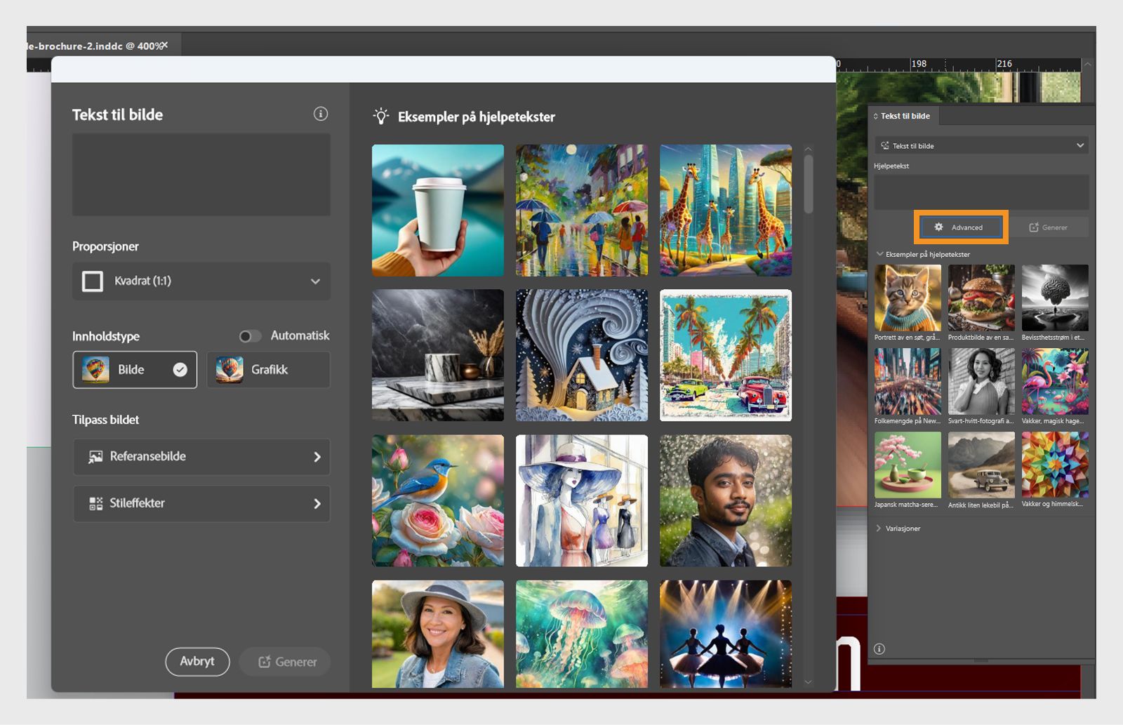 Skjermbilde av basispanelet og Avansert-panelet i Tekst til bilde-funksjonen, der Avansert-knappen er uthevet i basispanelet.