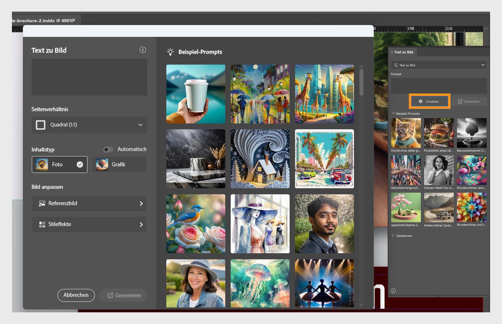 Screenshot des Bedienfelds „Text zu Bild“ („Basis“ und „Erweitert“). Im Basis-Bedienfeld ist die Schaltfläche „Erweitert“ hervorgehoben.