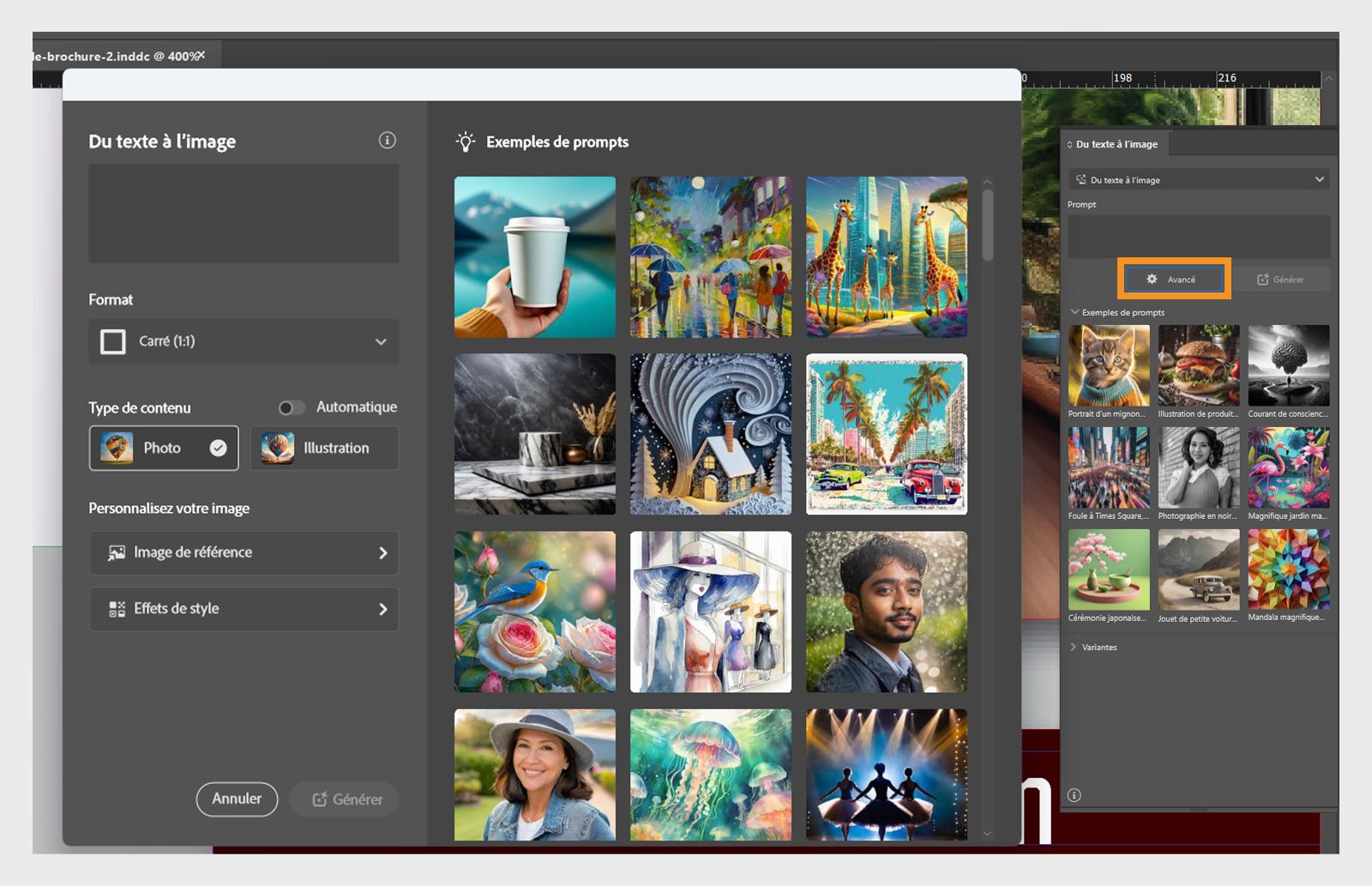 Panneau des options de base de l’outil Du texte à l’image avec le bouton Avancé encadré.