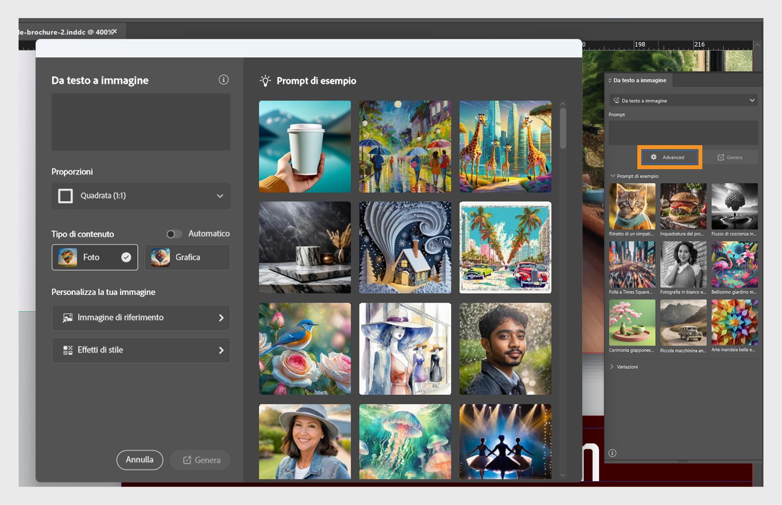 Schermata dei pannelli Da testo a immagine e Avanzate con il pulsante Avanzate evidenziato nel pannello base.