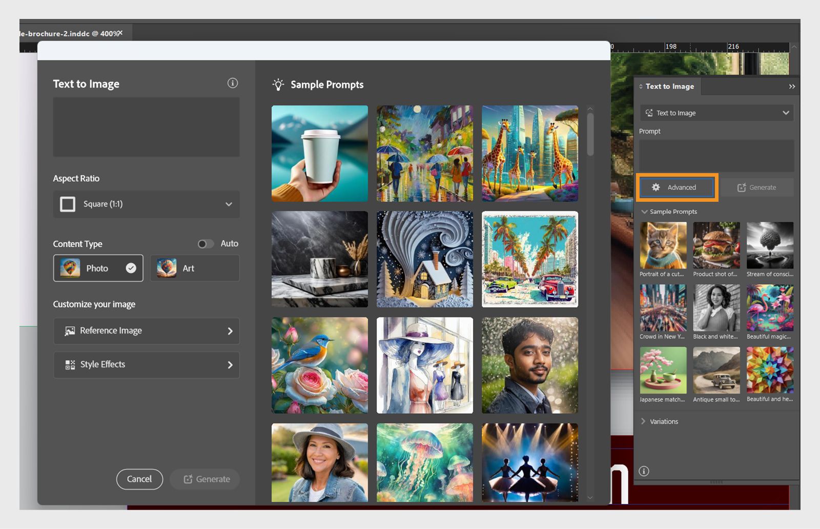 Screenshot of the Text to Image basic and Advanced panels with the Advanced button the basic panel highlighted.