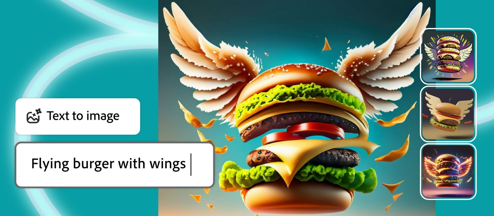 Interface showcasing text to image feature in Adobe Express mobile app with a flying burger.